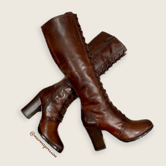 $699 Frye Parker Lace-Up Victorian Brown Leather Tall Boho Heeled Knee High Boot - Picture 15 of 16